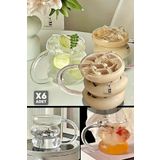 Madamev 6lı Üç Büklüm Kulplu Dev Şeritli Cam Bardak Pipetli Meşrubat Kahve Sunum Kokteyl Bardağı 400ml Seti