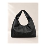 Madamra Siyah Örgü Desen Kadın Shopper Omuz Çantası – Yumuşak Form Vintage Model