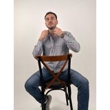 Mad&Calf Erkek Slim Fit Yaka Düğmeli Uzun Kollu Çizgili Gömlek Lacivert L