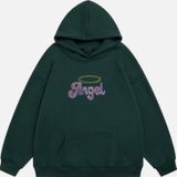 Mad&Calf Kadın Angel Taş Baskılı Kapüşonlu Polarlı Oversize Sweatshirt Koyu Yeşil S