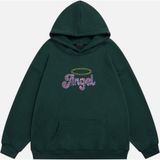 Mad&Calf Kadın Angel Taş Baskılı Kapüşonlu Polarlı Oversize Sweatshirt Koyu Yeşil XS