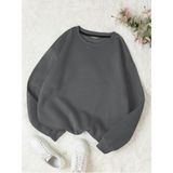Mad&Calf Kadın Basic 0 Sıfır Yaka Baskısız Düz Oversize Salaş Bol Kesim Polar Sweatshirt Füme L