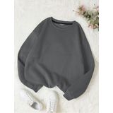 Mad&Calf Kadın Basic 0 Sıfır Yaka Baskısız Düz Oversize Salaş Bol Kesim Polar Sweatshirt Füme S