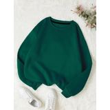 Mad&Calf Kadın Basic 0 Sıfır Yaka Baskısız Düz Oversize Salaş Bol Kesim Polar Sweatshirt Koyu Yeşil M