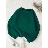 Mad&Calf Kadın Basic 0 Sıfır Yaka Baskısız Düz Oversize Salaş Bol Kesim Polar Sweatshirt - L - Koyu Yeşil