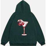 Mad&Calf Kadın Cherry Coctail Baskılı Kapüşonlu Polarlı Oversize Sweatshirt Koyu Yeşil 2XL