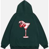 Mad&Calf Kadın Cherry Coctail Baskılı Kapüşonlu Polarlı Oversize Sweatshirt Koyu Yeşil L