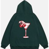 Mad&Calf Kadın Cherry Coctail Baskılı Kapüşonlu Polarlı Oversize Sweatshirt Koyu Yeşil M
