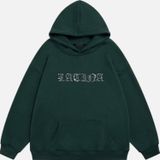 Mad&Calf Kadın Latina Taş Baskılı Kapüşonlu Polarlı Oversize Sweatshirt Koyu Yeşil XL