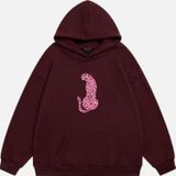 Mad&Calf Kadın Pink Leopard Baskılı Kapüşonlu Polarlı Oversize Sweatshirt Bordo XS