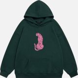 Mad&Calf Kadın Pink Leopard Baskılı Kapüşonlu Polarlı Oversize Sweatshirt Koyu Yeşil 2XL