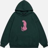 Mad&Calf Kadın Pink Leopard Baskılı Kapüşonlu Polarlı Oversize Sweatshirt Koyu Yeşil S