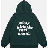 Mad&Calf Kadın Pretty Girls Like Trap Music. Baskılı Kapüşonlu Polarlı Oversize Sweatshirt Koyu Yeşil M