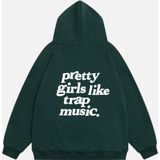 Mad&Calf Kadın Pretty Girls Like Trap Music. Baskılı Kapüşonlu Polarlı Oversize Sweatshirt Koyu Yeşil XS