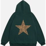 Mad&Calf Kadın Star Leopard Baskılı Kapüşonlu Polarlı Oversize Sweatshirt Yeşil L