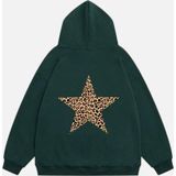 Mad&Calf Kadın Star Leopard Baskılı Kapüşonlu Polarlı Oversize Sweatshirt Yeşil M