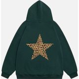 Mad&Calf Kadın Star Leopard Baskılı Kapüşonlu Polarlı Oversize Sweatshirt Yeşil XL
