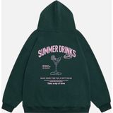 Mad&Calf Kadın Summer Drinks Baskılı Kapüşonlu Polarlı Oversize Sweatshirt Koyu Yeşil M