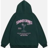 Mad&Calf Kadın Summer Drinks Baskılı Kapüşonlu Polarlı Oversize Sweatshirt Koyu Yeşil XL