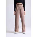 Mad&Calf Kadın Wide Leg Likralı Cırt Kapamalı Lastikli Palazzo Pantolon Kahverengi 2XL