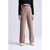 Mad&Calf Kadın Wide Leg Likralı Cırt Kapamalı Lastikli Palazzo Pantolon Kahverengi M