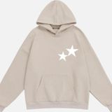 Mad&Calf Unisex Double Star Baskılı Kapüşonlu Polarlı Oversize Sweatshirt Bej L