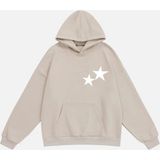 Mad&Calf Unisex Double Star Baskılı Kapüşonlu Polarlı Oversize Sweatshirt Bej XL