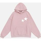 Mad&Calf Unisex Double Star Baskılı Kapüşonlu Polarlı Oversize Sweatshirt Pembe XL