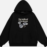 Mad&Calf Unisex Farside Of The Moon Baskılı Kapüşonlu Polarlı Oversize Sweatshirt Siyah XS