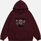 Mad&Calf Unisex Heartless Love Baskılı Kapüşonlu Polarlı Oversize Sweatshirt Bordo L