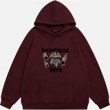 Mad&Calf Unisex Heartless Love Baskılı Kapüşonlu Polarlı Oversize Sweatshirt Bordo XL