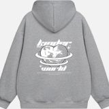 Mad&Calf Unisex Kinder World Baskılı Kapüşonlu Polarlı Oversize Sweatshirt Gri XL