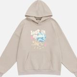 Mad&Calf Unisex Lost In Space Baskılı Kapüşonlu Polarlı Oversize Sweatshirt Bej XL