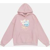Mad&Calf Unisex Lost In Space Baskılı Kapüşonlu Polarlı Oversize Sweatshirt Pembe L