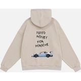 Mad&Calf Unisex Need Money 4 Porsche Baskılı Kapüşonlu Polarlı Oversize Sweatshirt Bej 2XL