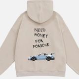 Mad&Calf Unisex Need Money 4 Porsche Baskılı Kapüşonlu Polarlı Oversize Sweatshirt Bej S
