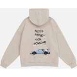 Mad&Calf Unisex Need Money 4 Porsche Baskılı Kapüşonlu Polarlı Oversize Sweatshirt Bej XL