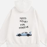 Mad&Calf Unisex Need Money 4 Porsche Baskılı Kapüşonlu Polarlı Oversize Sweatshirt Ekru L