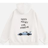 Mad&Calf Unisex Need Money 4 Porsche Baskılı Kapüşonlu Polarlı Oversize Sweatshirt Ekru M
