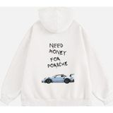 Mad&Calf Unisex Need Money 4 Porsche Baskılı Kapüşonlu Polarlı Oversize Sweatshirt Ekru XS