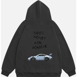 Mad&Calf Unisex Need Money 4 Porsche Baskılı Kapüşonlu Polarlı Oversize Sweatshirt Füme L