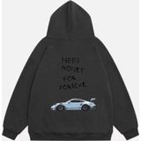 Mad&Calf Unisex Need Money 4 Porsche Baskılı Kapüşonlu Polarlı Oversize Sweatshirt Füme S