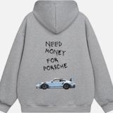Mad&Calf Unisex Need Money 4 Porsche Baskılı Kapüşonlu Polarlı Oversize Sweatshirt Gri M