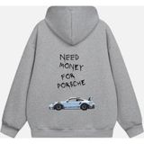 Mad&Calf Unisex Need Money 4 Porsche Baskılı Kapüşonlu Polarlı Oversize Sweatshirt Gri XL