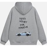 Mad&Calf Unisex Need Money 4 Porsche Baskılı Kapüşonlu Polarlı Oversize Sweatshirt Gri XS