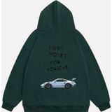 Mad&Calf Unisex Need Money 4 Porsche Baskılı Kapüşonlu Polarlı Oversize Sweatshirt Koyu Yeşil S