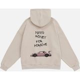 Mad&Calf Unisex Need Money For Porsche Baskılı Kapüşonlu Polarlı Oversize Sweatshirt Bej S