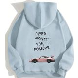 Mad&Calf Unisex Need Money For Porsche Baskılı Kapüşonlu Polarlı Oversize Sweatshirt Buz Mavisi L