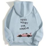Mad&Calf Unisex Need Money For Porsche Baskılı Kapüşonlu Polarlı Oversize Sweatshirt Buz Mavisi M