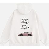 Mad&Calf Unisex Need Money For Porsche Baskılı Kapüşonlu Polarlı Oversize Sweatshirt Ekru L